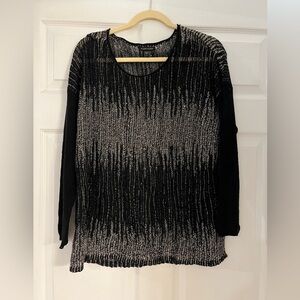 Eileen Fisher Womens Long Sleeve Open Knit Sweater Wool Linen Blend Black Tan L​